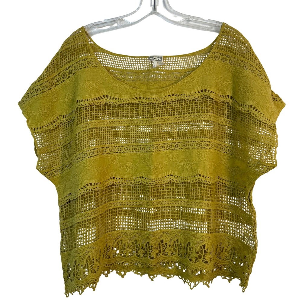 Kirra Mustard Yellow Crochet Lace Embroidered Boho Top XL Cotton Short Sleeve